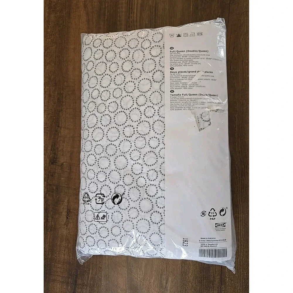 Ikea Tradaster Full/Queen Duvet Cover + Pillowcases White W/Gray Circles NIP